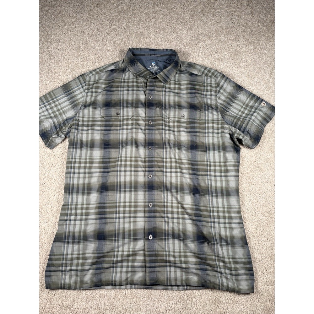 KUHL Response Shirt Mens Large Green Gray Plaid Short Sleeve Button Up Hiking L